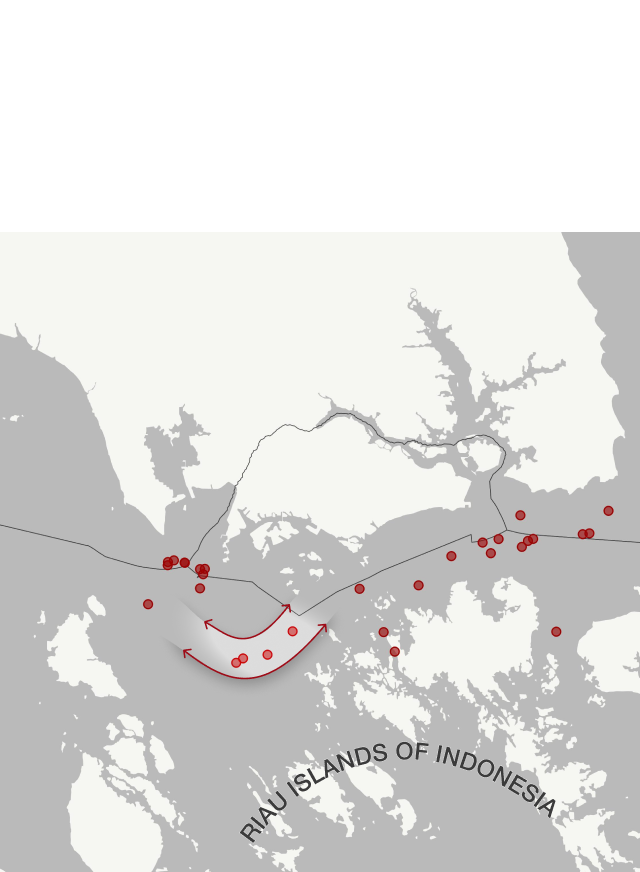 Singapore and the Riau Islands are shown on two maps. This image is the first map. The water is grey while the land is off-white. Attacks are shown via red dots in the map's waters. One map depicts the Singapore Strait in 2019 with 39 attacks irregularly distributed throughout the strait. A turn within the Phillip Channel of the strait is highlighted light grey with red arrows. This highlighted segment includes four attacks. Under the arrows, text reads, 