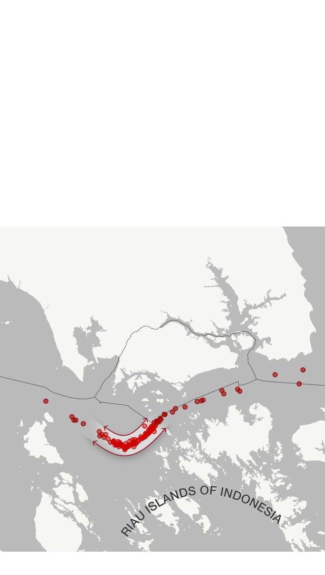 This image is the second map. It depicts 108 attacks in 2025. In this map, attacks are clearly centralized to a turn point with in the Phillip Channel. This segment of the strait is highlighted light grey with red arrows. Below the arrows reads, "Robbers target turning ships".