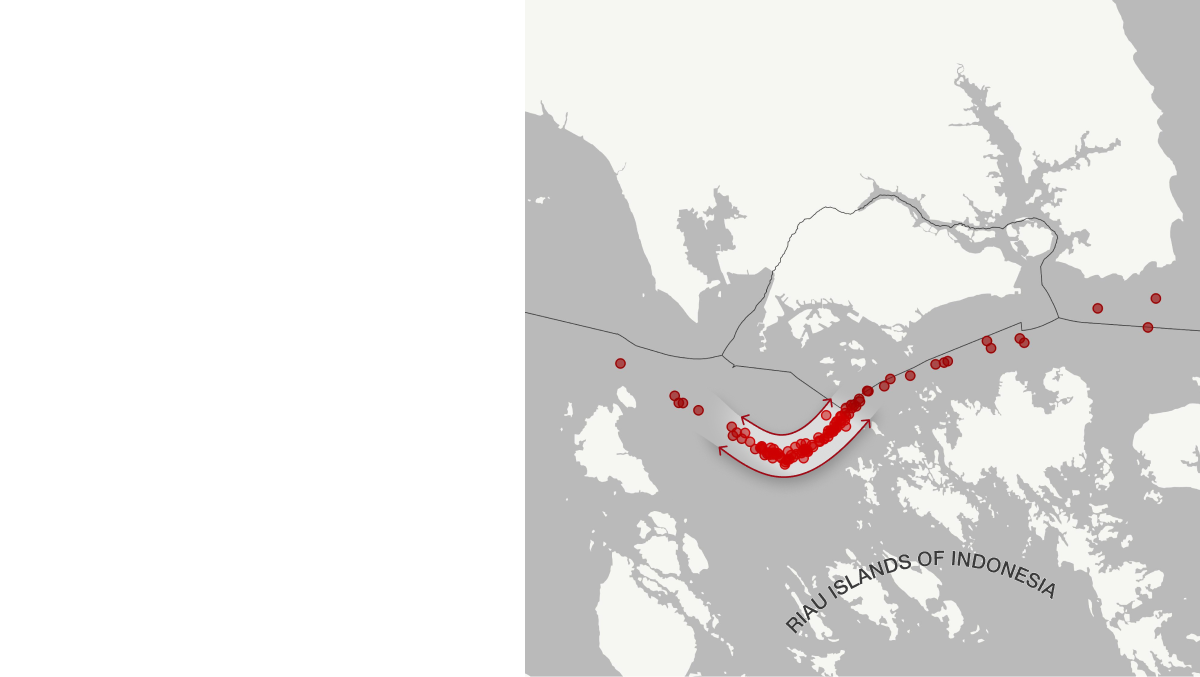 This image is the second map. It depicts 108 attacks in 2025. In this map, attacks are clearly centralized to a turn point with in the Phillip Channel. This segment of the strait is highlighted light grey with red arrows. Below the arrows reads, "Robbers target turning ships".