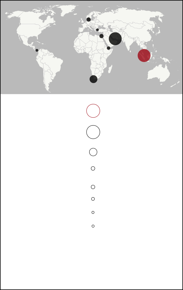 Proportional symbol map of average daily crude oil and petroleum liquids transported through maritime chokepoints in the first half of 2025. A descriptive table underneath the map lists the quantitative values for each chokepoint.